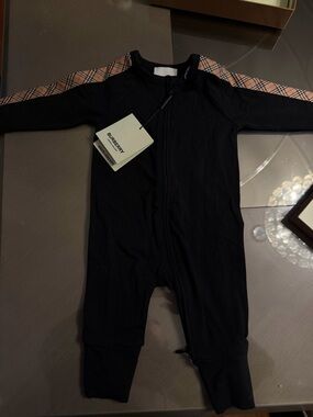 Burberry Black Footed One-Piece with Classic Check Shoulder Stripes - Kids